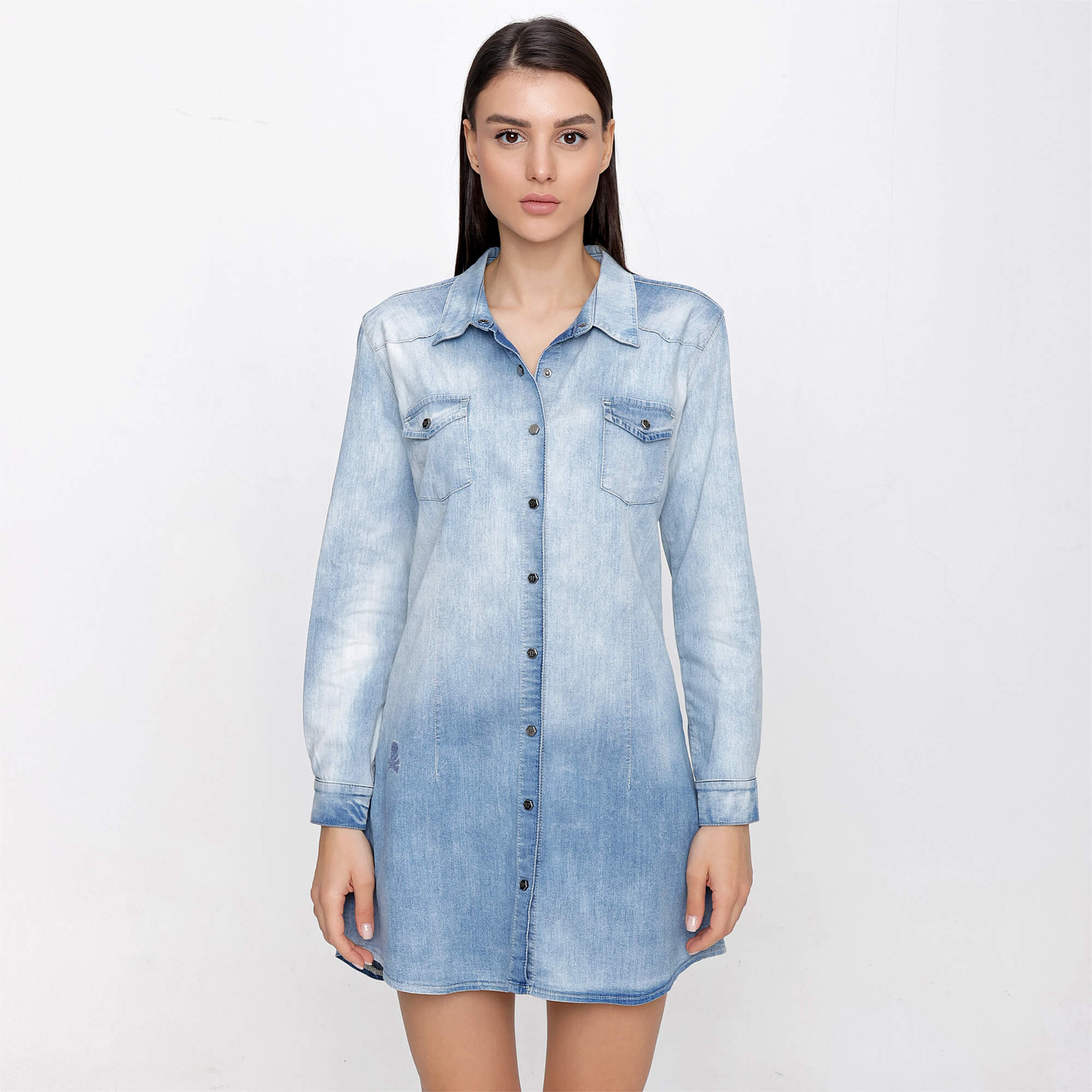 Philipp Plein - Blue Cotton Crystal Skull Embellished Denim Shirt Dress